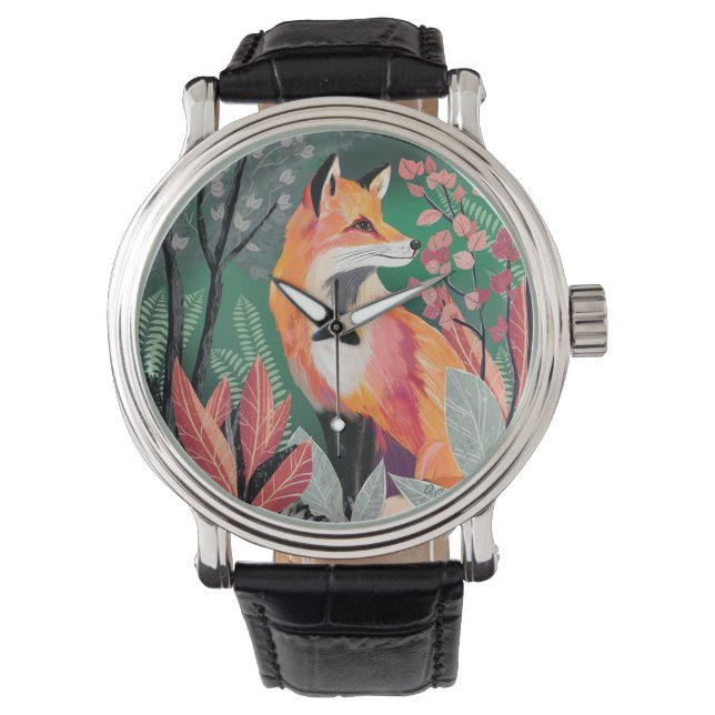 Fox's Enchanted Forest Hand-Painted Nature Illustr Watch (Front)