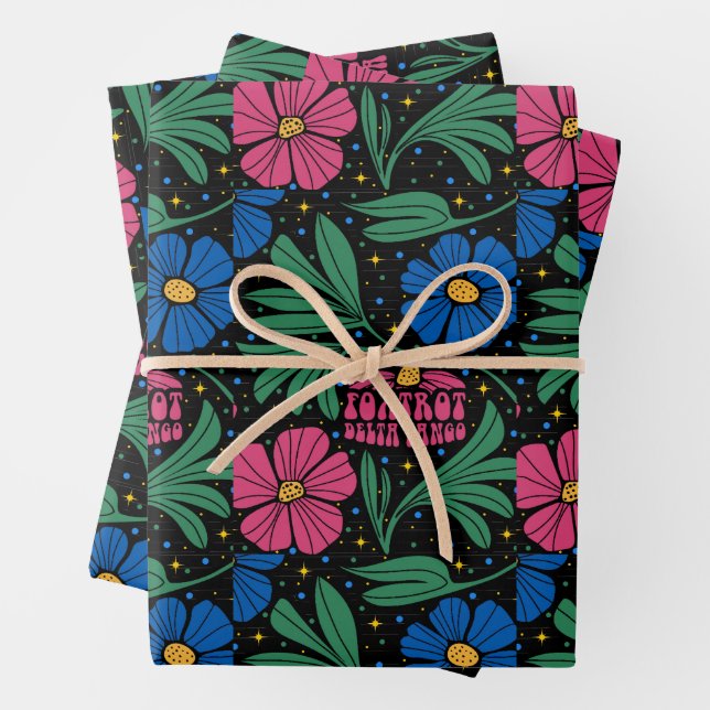Foxtrot Delta Tango Flower Boho Wrapping Paper Sheets (In situ)