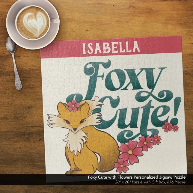 Foxy Cute with Flowers Personalized Jigsaw Puzzle ("Foxy Cute" Personalized Jigsaw Puzzle with Original Hand Drawn Fox and Flowers Artwork. 
)