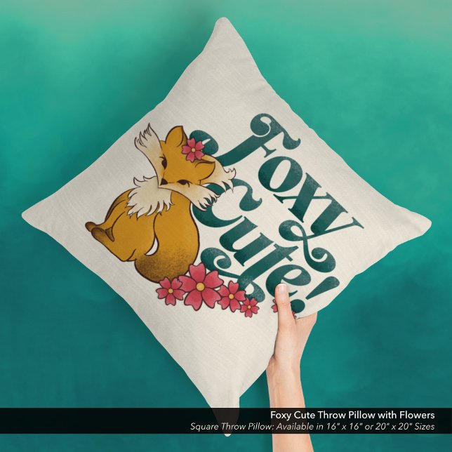 Foxy Cute with Flowers Throw Pillow (Foxy Cute Square Throw Pillow with Hand Drawn Fox and Flower Arwork.)