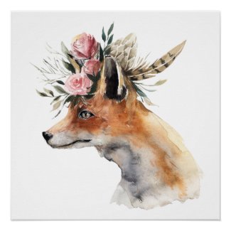 Foxy Fox With Pink Flower Crown Poster Print