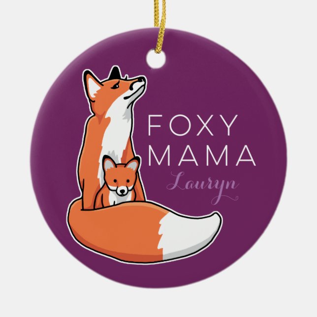 Foxy Mama Red Fox with Pup, Personalized Ceramic Ornament (Front)