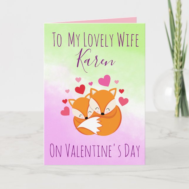 Foxy Pink and Green Valentine's Day for Her Holiday Card (Front)