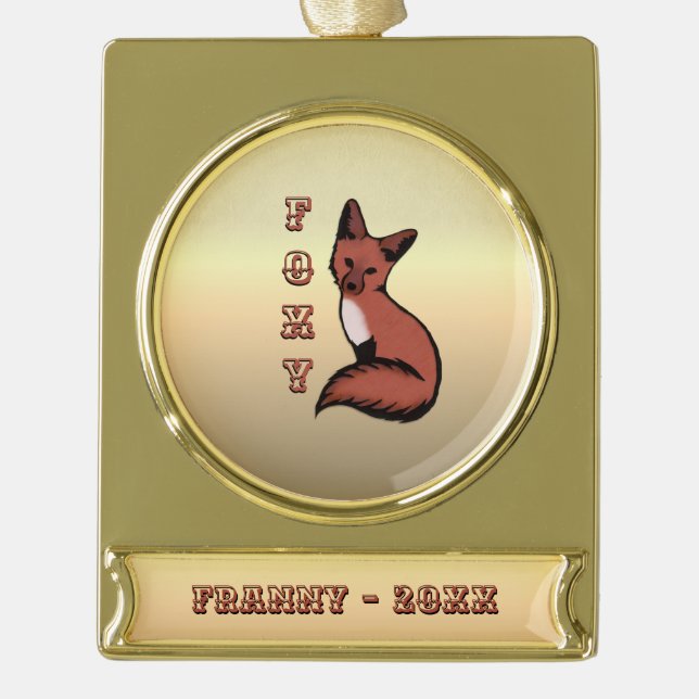 Foxy Red Fox Gold Name and Year Plated Banner Ornament (Front)