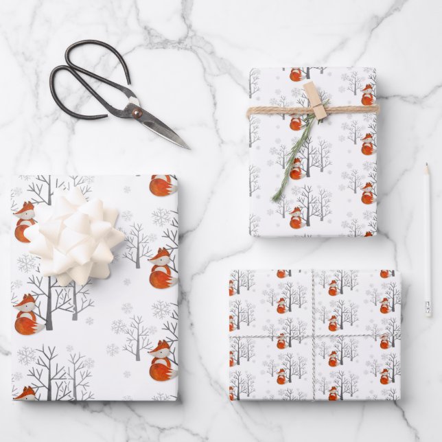 Foxy Winter Forest Wrapping Paper Sheets (Front)