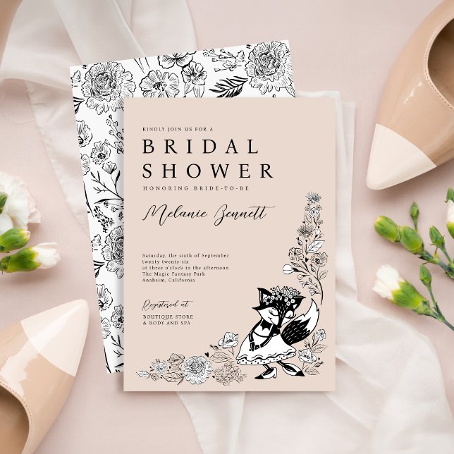 Foxy Woodland Fox Bride Elegant Sketched Florals Invitation