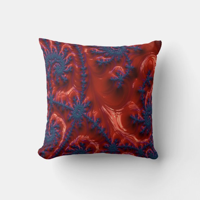 Fractal Abstract blue and red sea coral design Throw Pillow (Front)