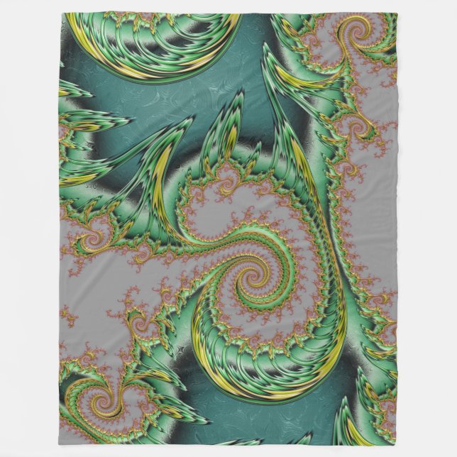 Fractal art deco style green gold gray fleece blanket (Front)