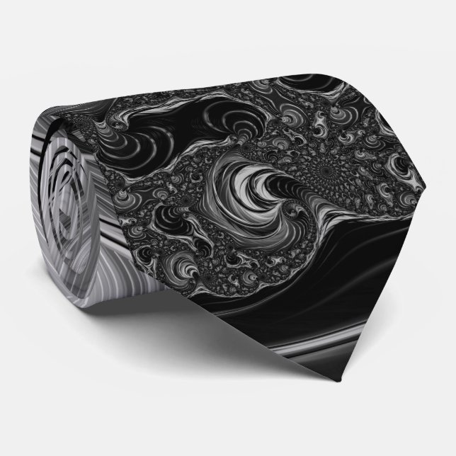 Fractal Black White Metal Nautilus Swirl Neck Tie (Rolled)