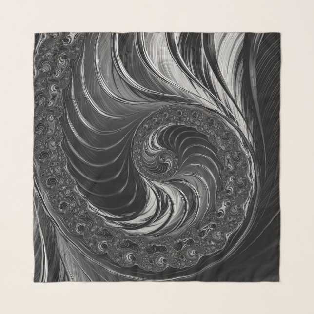 Fractal Black White Metal Nautilus Swirl Scarf (Front)