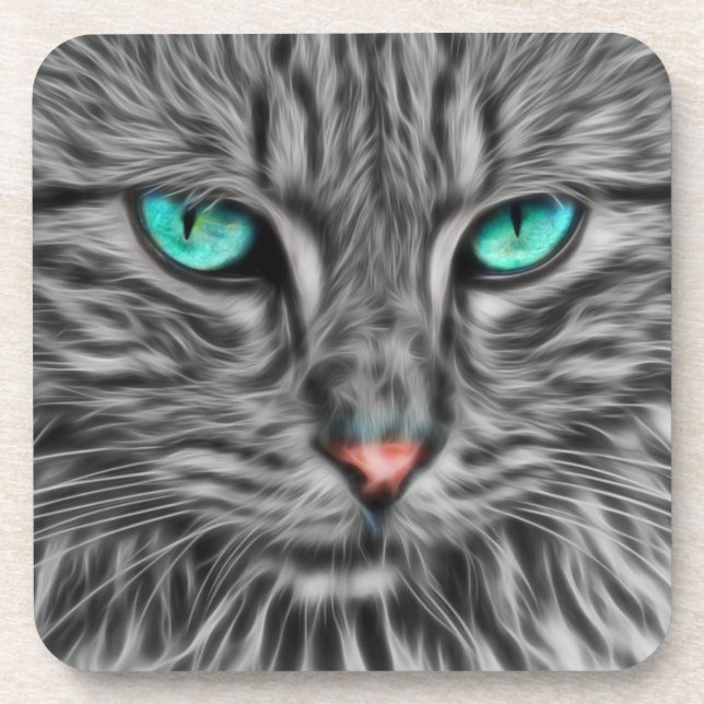 Fractal Blue Eyed Cat Beverage Coaster (Front)