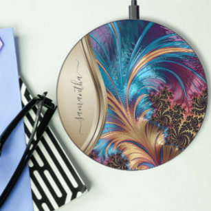 Fractal Blue Gold Personalized  Wireless Charger