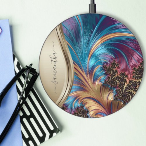 Fractal Blue Gold Personalized  Wireless Charger
