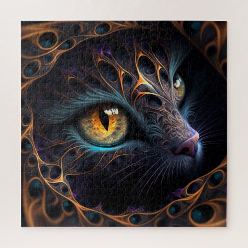 Fractal Cat Face in Black and Vibrant Colors Jigsaw Puzzle