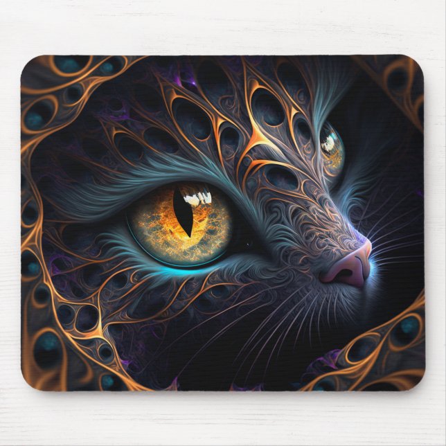 Fractal Cat Face in Black and Vibrant Colors Mouse Pad (Front)