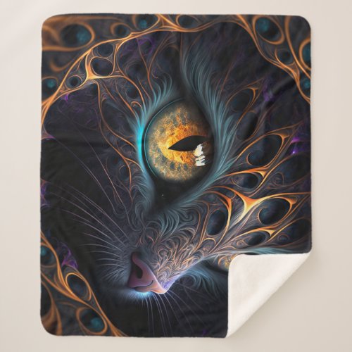 Fractal Cat Face in Black and Vibrant Colors Sherpa Blanket