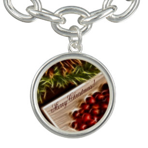 Fractal Cranberry Christmas with Customizable Text Charm Bracelet