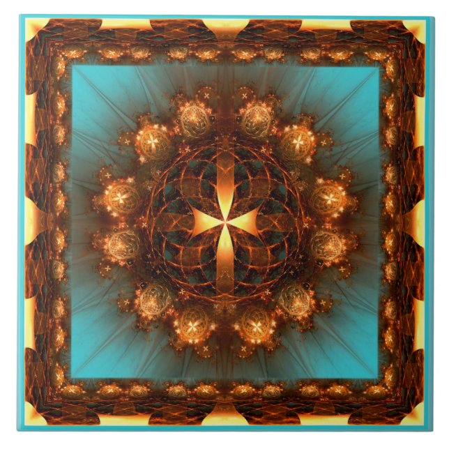 Fractal cross ornate glowing pattern ceramic tile (Front)