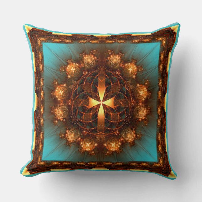 Fractal cross ornate glowing pattern throw pillow (Front)