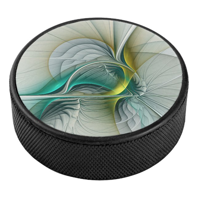Fractal Evolution, Golden Turquoise Abstract Art Hockey Puck (3/4)
