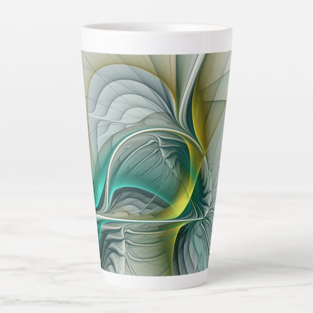 Fractal Evolution, Golden Turquoise Abstract Art Latte Mug (Front)