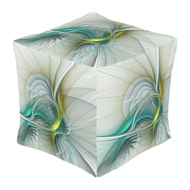 Fractal Evolution, Golden Turquoise Abstract Art Outdoor Pouf (Angled Front)