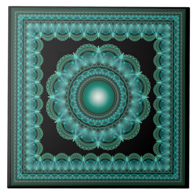 Fractal glowing framed mandala ceramic tile (Front)