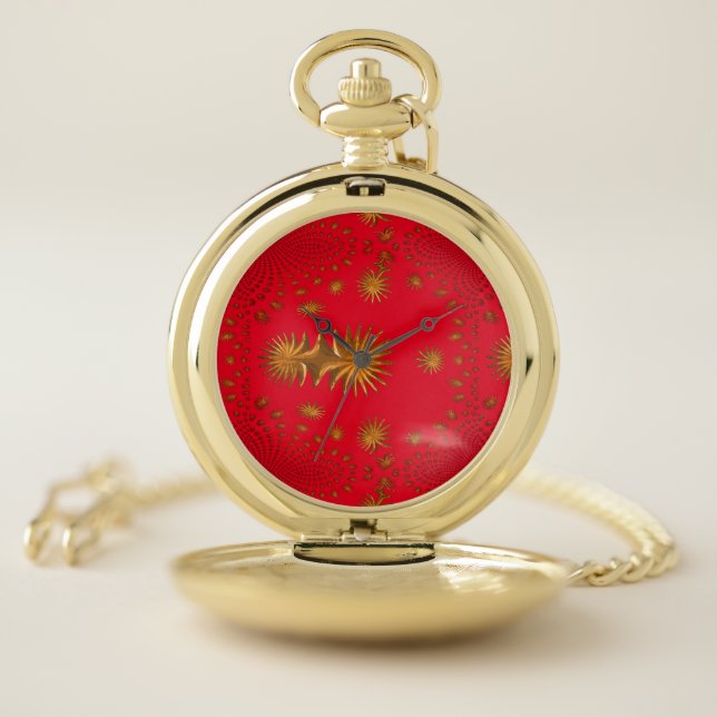fractal golden stars,red  background pocket watch (Inside)