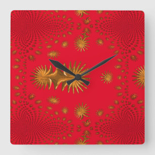 fractal golden stars,red background square wall clock