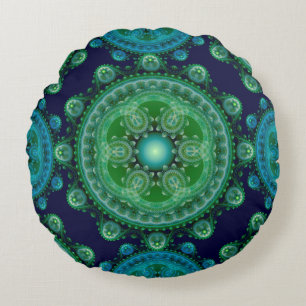 Fractal green blue oriental decoration round pillow