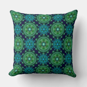 Fractal green blue oriental pattern throw pillow