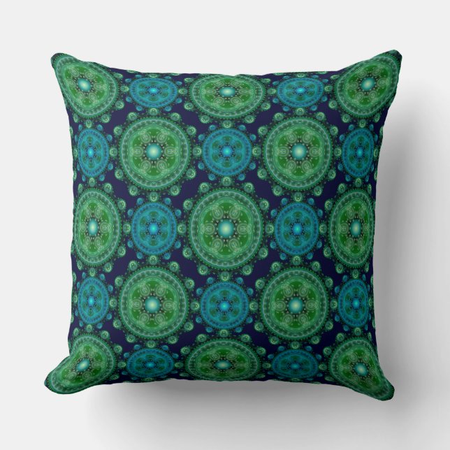 Fractal green blue oriental pattern throw pillow (Front)