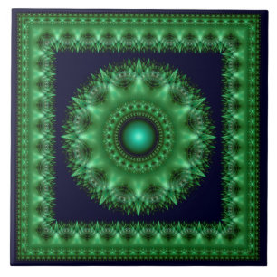 Fractal green brilliant framed mandala ceramic tile