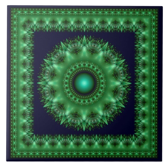 Fractal green brilliant framed mandala ceramic tile (Front)