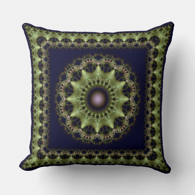 Fractal green brilliant framed mandala throw pillow (Front)