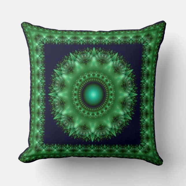Fractal green brilliant framed mandala throw pillow (Front)