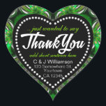 Fractal Green Forest Peacock Thank You Heart Heart Sticker<br><div class="desc">Thank You customizable heart shape stickers : Unique fractals and peacock feather fusion in fresh forest greens. Thank You text and customizable script lettering for personalize messages (or delete if not needed). Great and visual way to say Thanks for weddings, engagement, anniversary & reunions, and special events - customize it...</div>