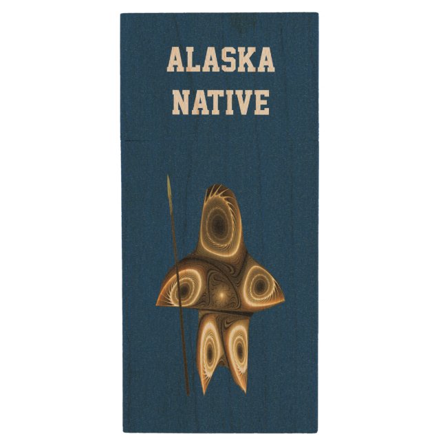Fractal Inuit Hunter - Alaska Native Wood USB Flash Drive (Front Vertical)