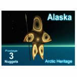 Fractal Inuit Hunter - Alaska Postage Cutout<br><div class="desc">This postage stamp for an independent Alaska features a brown-toned fractal image suggesting a highly-stylized Inuit hunter, wearing traditional fur clothing and holding a harpoon with an ivory head. The hunter is superimposed on a background depicting the dark polar winter - a bluish snow surface, dark starry sky with the...</div>