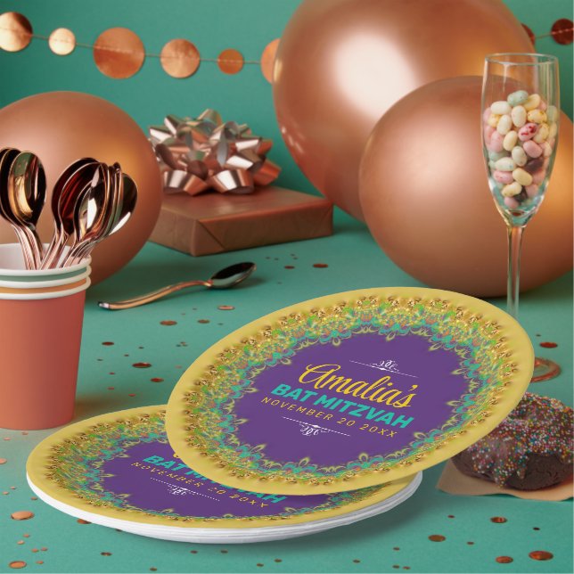 Fractal Lace Purple Yellow Bat Mitzvah Paper Plates (Multi)