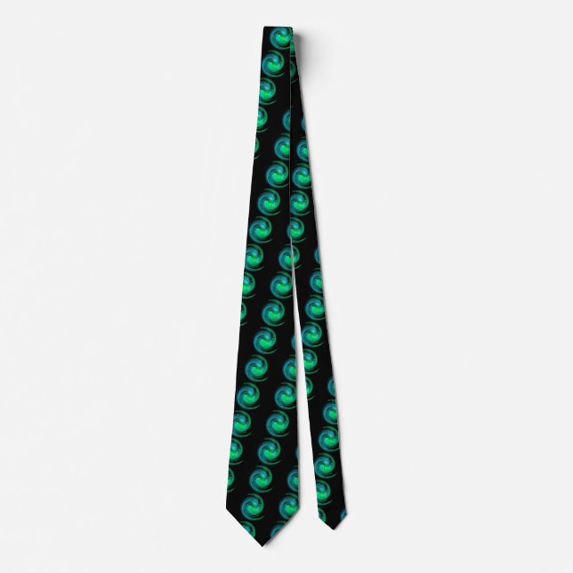 FRACTAL LIGHT VORTEX Black Blue Green Pattern Tie (Front)