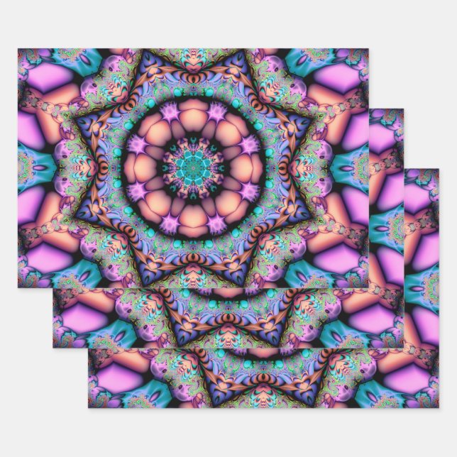 Fractal Mandala Floral Psychedelic Wrapping Paper Sheets (Set)