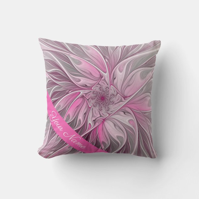 Fractal Pink Flower Dream, floral Fantasy Art Name Throw Pillow (Front)