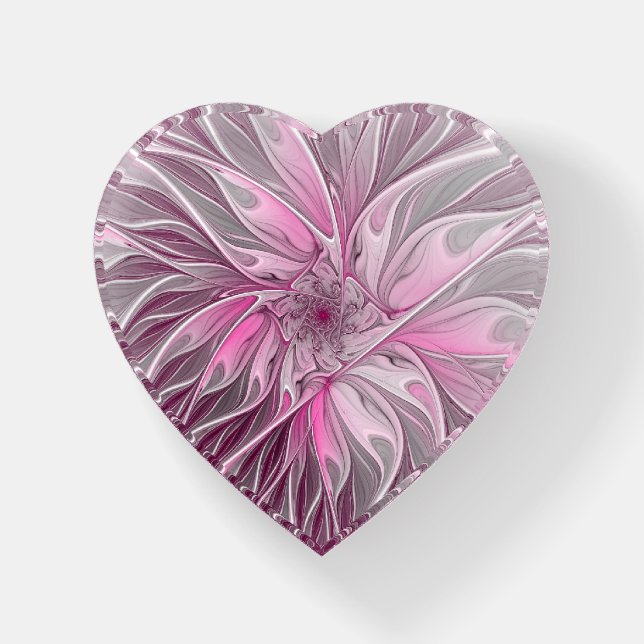 Fractal Pink Flower Dream, Floral Fantasy Heart Paperweight (Front)