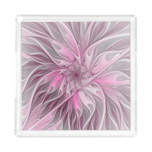 Fractal Pink Flower Dream, Floral Fantasy Pattern Acrylic Tray