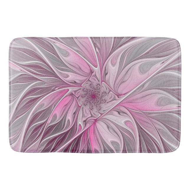Fractal Pink Flower Dream, Floral Fantasy Pattern Bath Mat (Front)