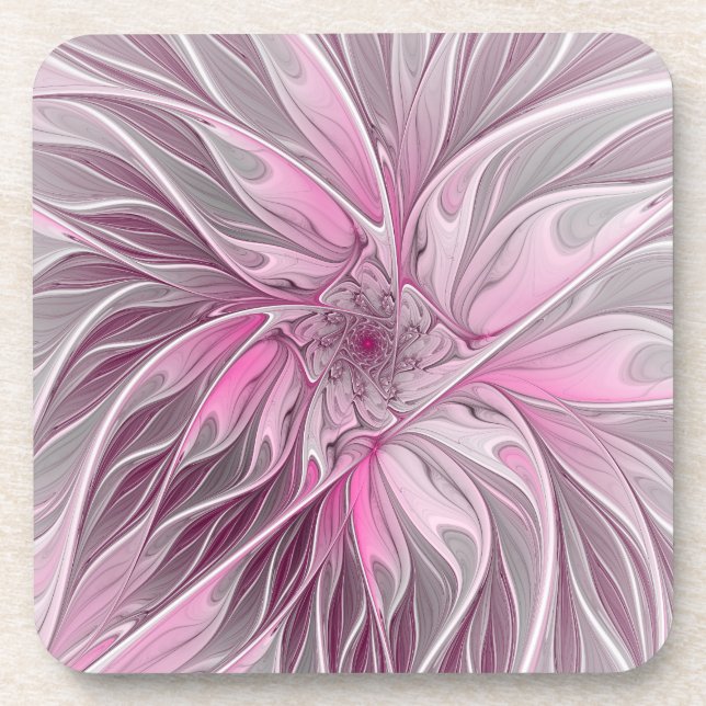 Fractal Pink Flower Dream, Floral Fantasy Pattern Beverage Coaster (Front)