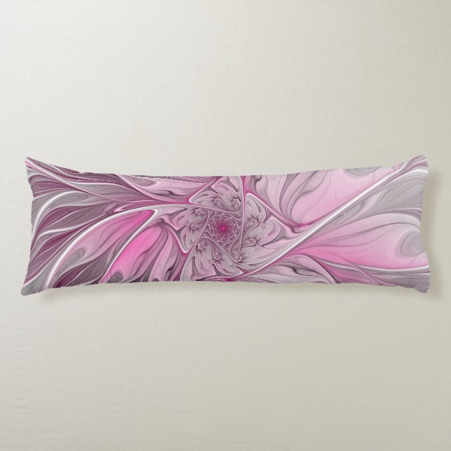 Fractal Pink Flower Dream, Floral Fantasy Pattern Body Pillow (Front)