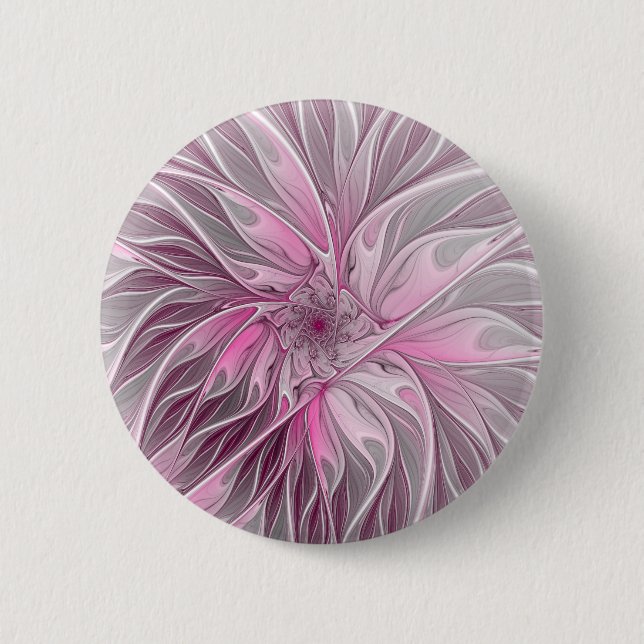 Fractal Pink Flower Dream, Floral Fantasy Pattern Button (Front)
