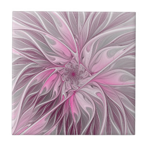 Fractal Pink Flower Dream, Floral Fantasy Pattern Ceramic Tile